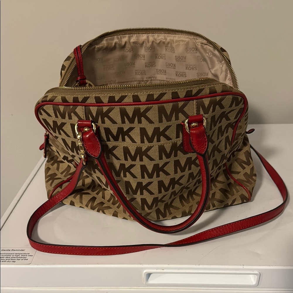 Michael Kors Brown and Red Tote Bag with Signature Monogram